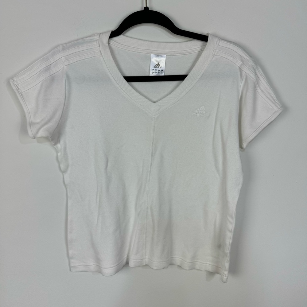 Adidas White Knit V Neck Short Sleeve Cropped Crop Top Jersey Stripes Summer
